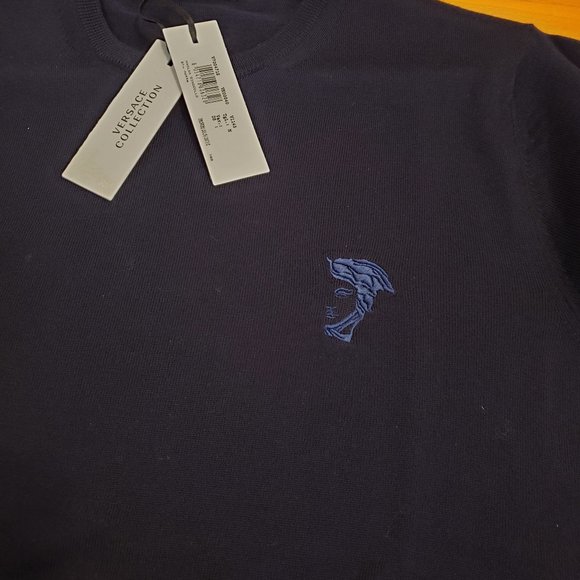 Versace Collection Blue Logo Crewneck Wool Sweater - Picture 3 of 6